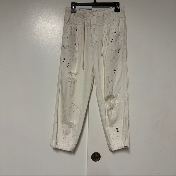 Free People Pants - Free People Mixed Up Cotton Distressed Utility White Jeans Size XS
